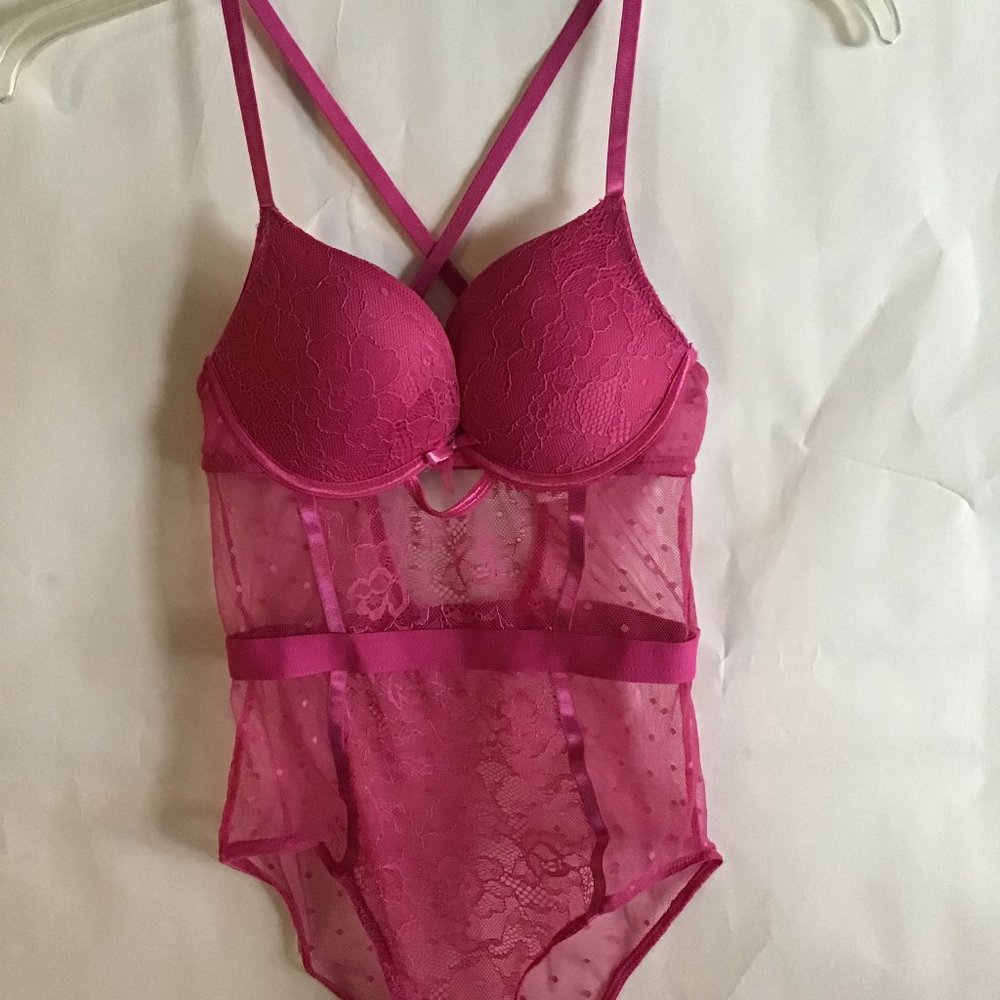 Sexy pink see through mesh lingerie/teddy/body suit, size M